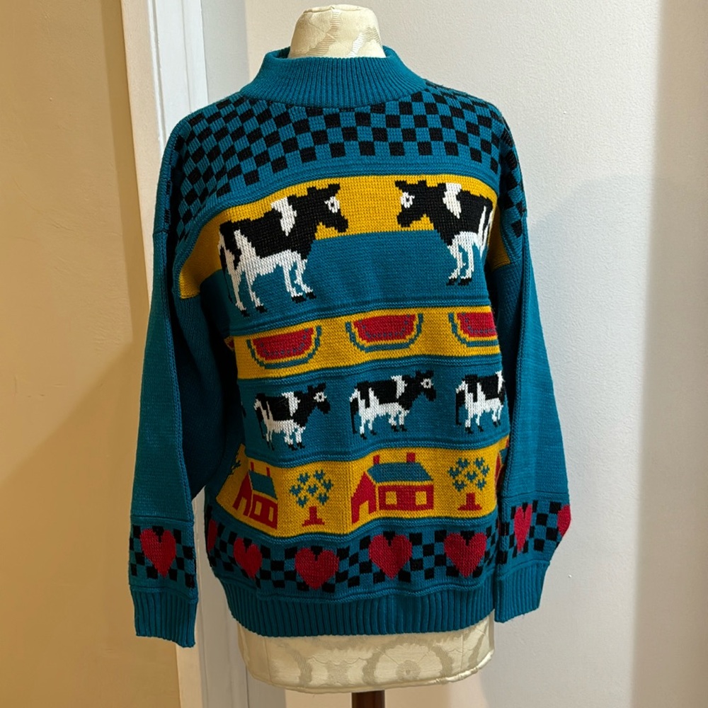 Private Eyes Vintage Teal Knit Love on the Farm Pull On Novelty Sweater 12